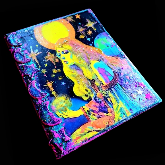 Journal Glowing Goddess Mystical Lined Composition Style Sparkly Mixed Media Art - Picture 7 of 8